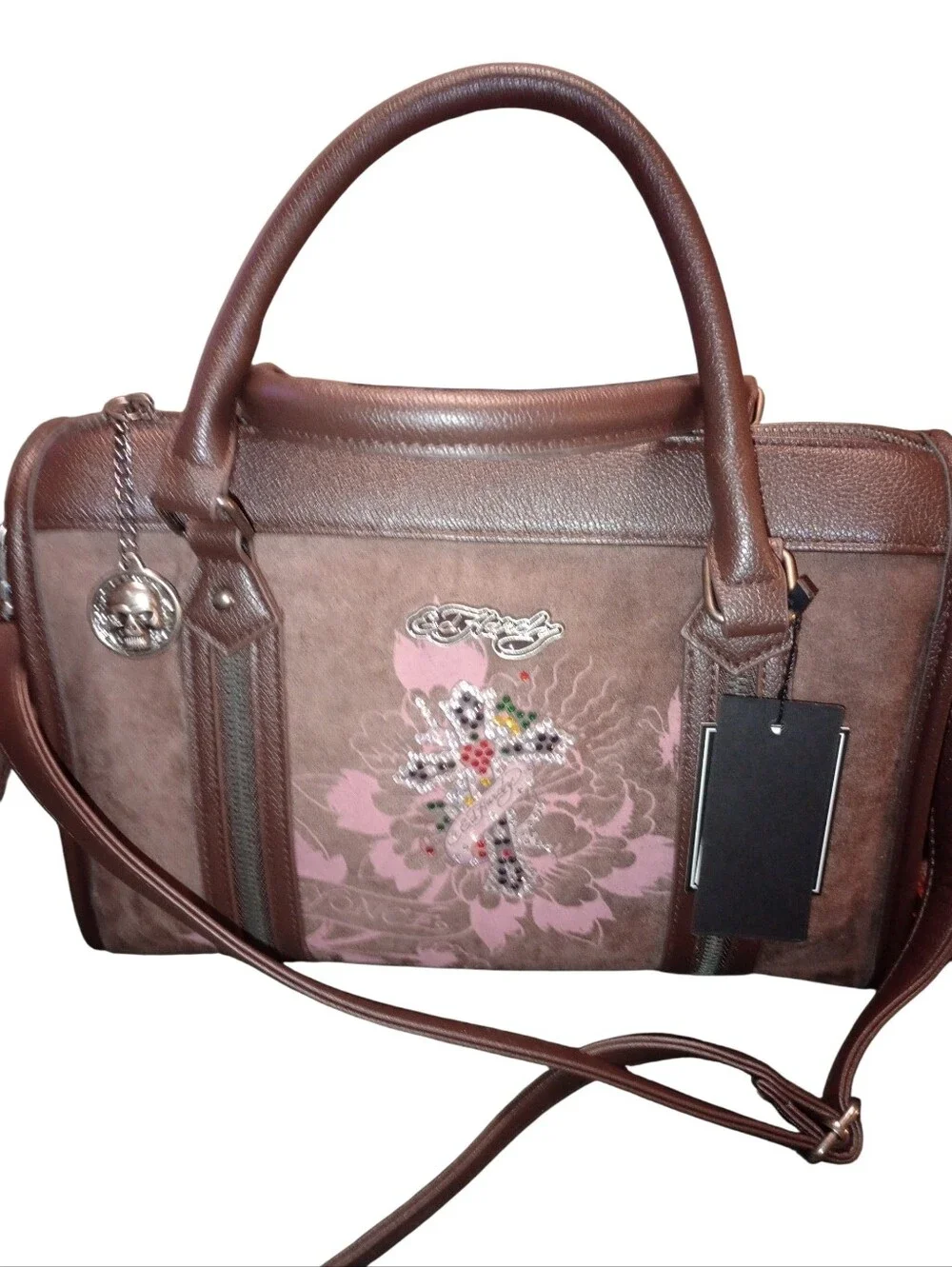 Ed Hardy Brown & Pink Floral Accent Satchel Handbag, NWT